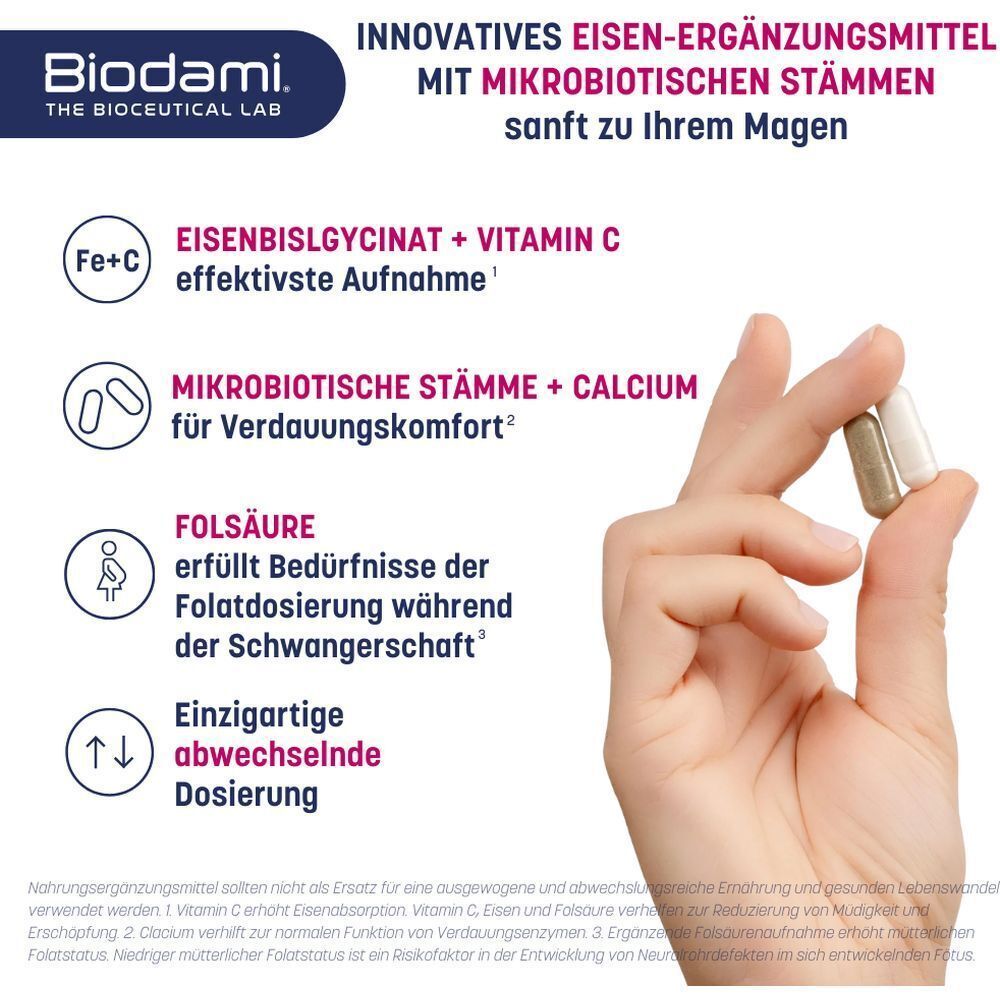 Hand houdt capsules vast. Tekst: IJzerbisglycinaat + vitamine C, microbische stammen + calcium, foliumzuur. Dosering informatie.