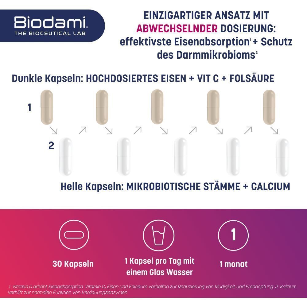Grafiek met capsules. Donkere capsules: ijzer + Vit C + foliumzuur. Lichte capsules: microbische stammen + calcium. 30 capsules.