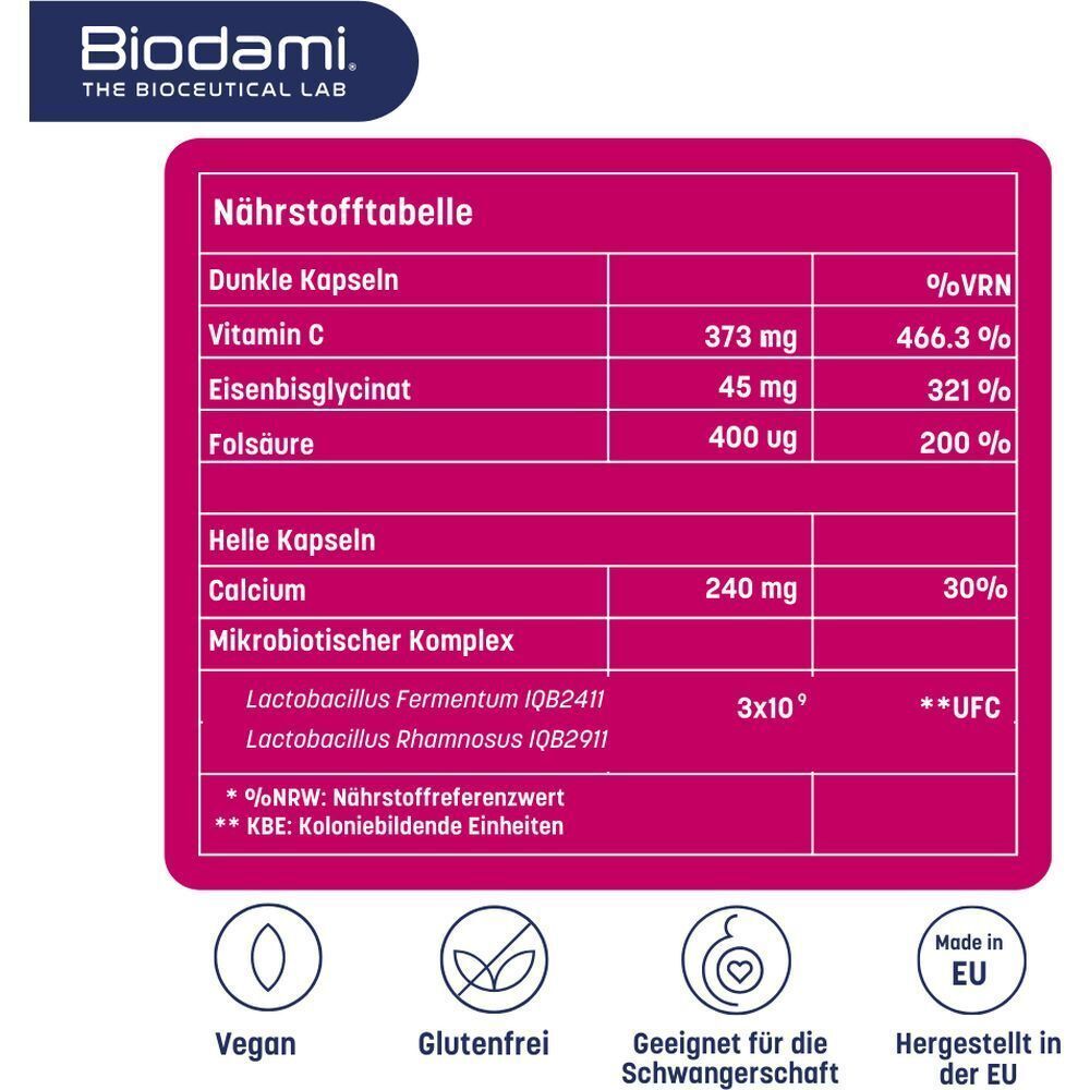 Voedingstabel. Donkere capsules: vitamine C, ijzerbisglycinaat, foliumzuur. Lichte capsules: calcium, microbisch complex. Vegan, glutenvrij.