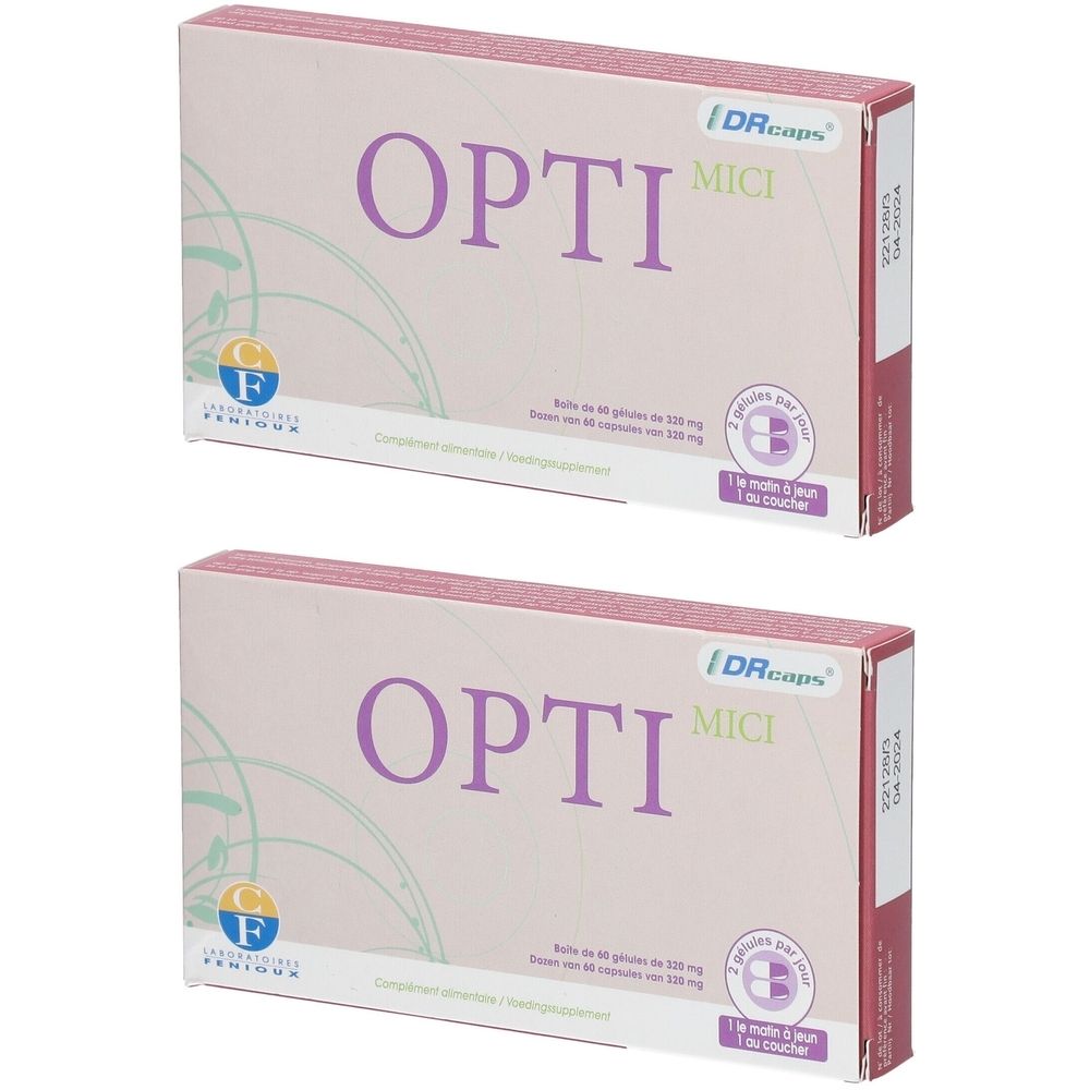 Twee dozen met de tekst OPTI MICI. Opschrift: DRcaps, F Feridoux. Verpakking met roze en witte tinten.