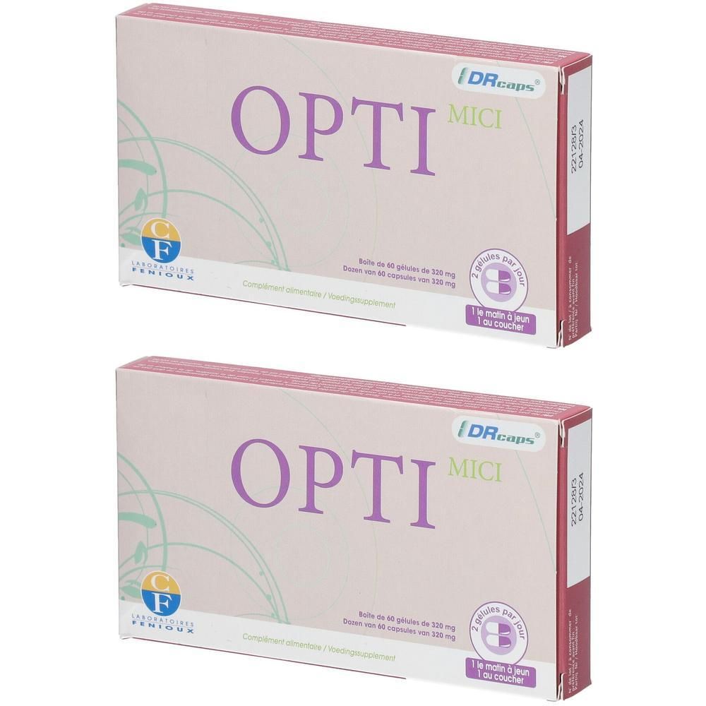 Twee rechthoekige dozen met de tekst OPTI MICI. Logo's en tekst in meerdere talen op elke doos.