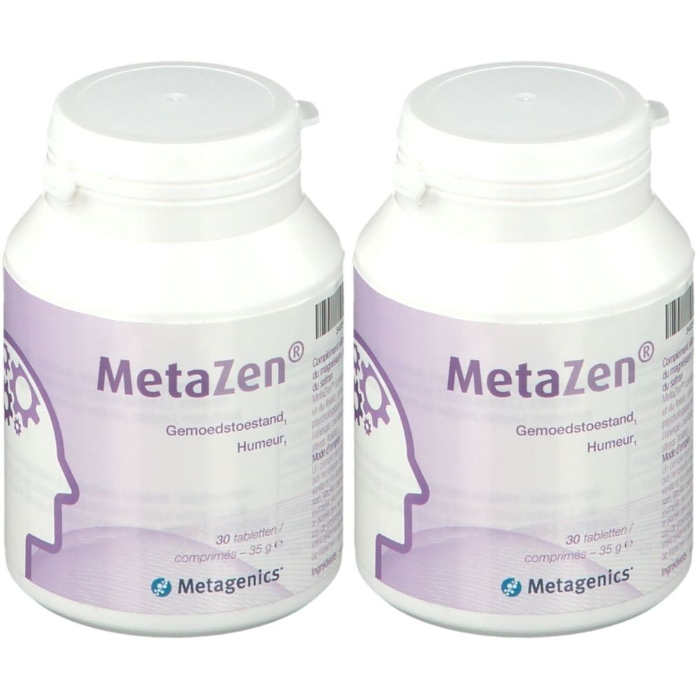 Twee witte flessen met MetaZen-etiket. Opschrift: Gemoedstoestand, Humeur. 30 tabletten. Merk: Metagenics.