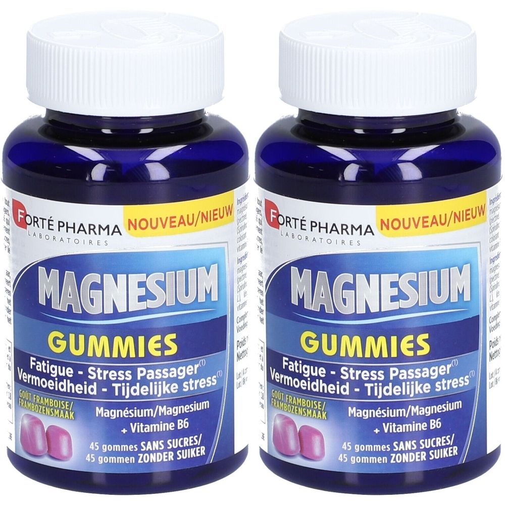 Deux flacons de gummies au magnésium. Flacons bleus avec bouchons blancs. Inscription : Magnesium Gummies, vitamine B6, sans sucre.