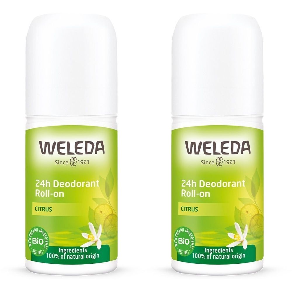 Deux déodorants roll-on. Bouchon blanc, impression verte avec informations produit. Inscription : WELEDA, 24h Déodorant Roll-on, Citrus. Label Bio.