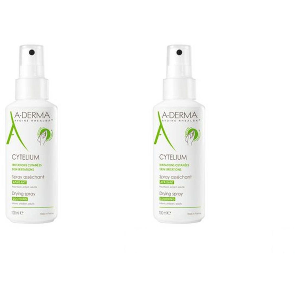Deux flacons spray blancs A-DERMA CYTELIUM. Inscriptions: Spray asséchant, peau irritée. Bouchon noir.