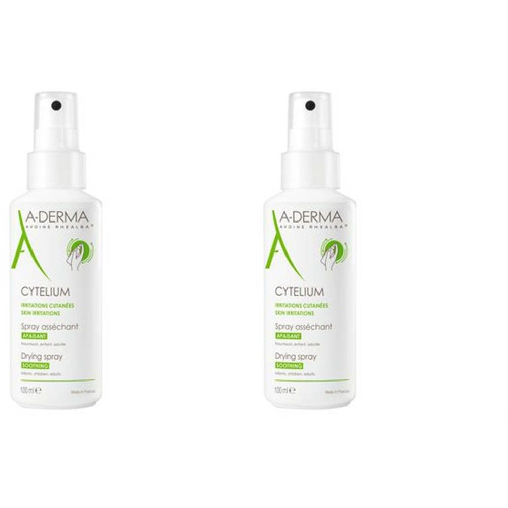 Twee witte A-DERMA CYTELIUM sprayflessen. Tekst: Spray asséchant, peau irritée. Zwarte dop.