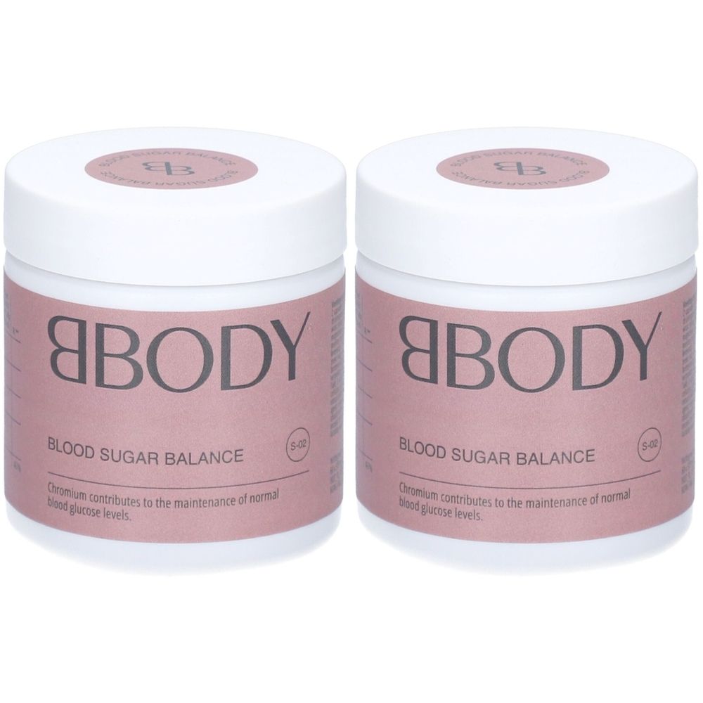 Deux pots blancs avec étiquettes roses. Inscription: BBODY, BLOOD SUGAR BALANCE. Cercle rose avec logo sur le couvercle.