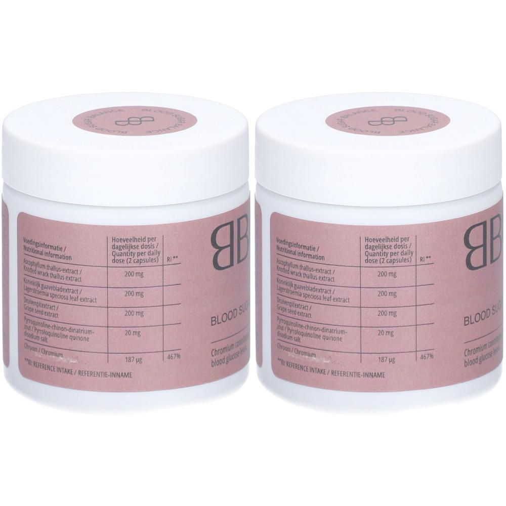 Twee witte potten met roze etiketten. Opschrift: BBODY, bloedsuikerbalans. Voedingswaardetabel.