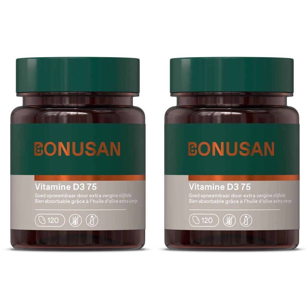 Deux flacons bruns avec couvercles verts. Inscription: BONUSAN, Vitamine D3 75. 120 gélules. Bien absorbable grâce à l'huile d'olive.