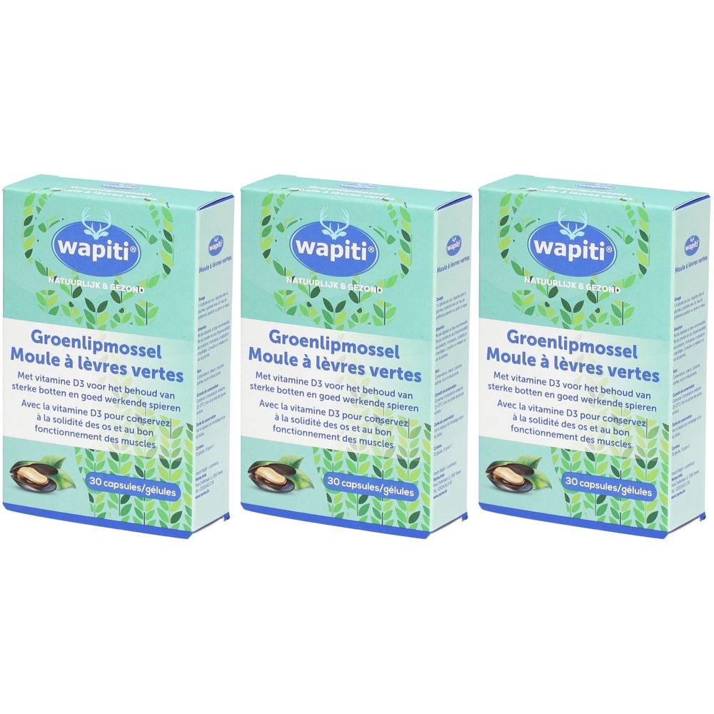 Trois boîtes vertes avec le logo "wapiti" et l'inscription "Groenlipmossel Moule à lèvres vertes". Chaque boîte contient 30 capsules.