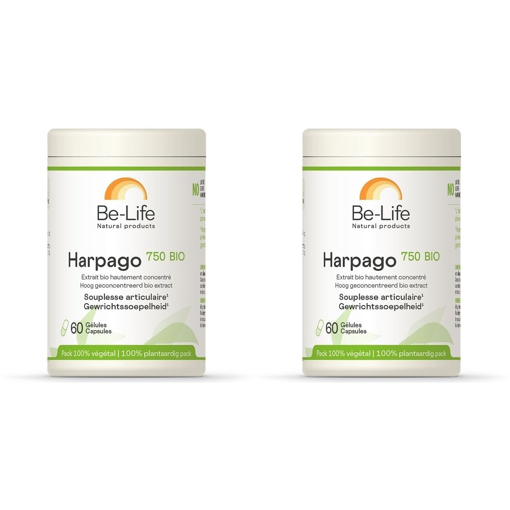 Deux flacons blancs Be-Life Harpago 750 BIO. Inscription: Extrait bio hautement concentré, Souplesse articulaire, 60 Gélules. Logo Be-Life.
