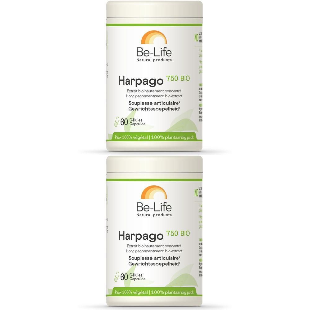 Twee witte potten met etiketten. Opschrift: Be-Life Harpago 750 BIO. 60 capsules. Groen-oranje logo.