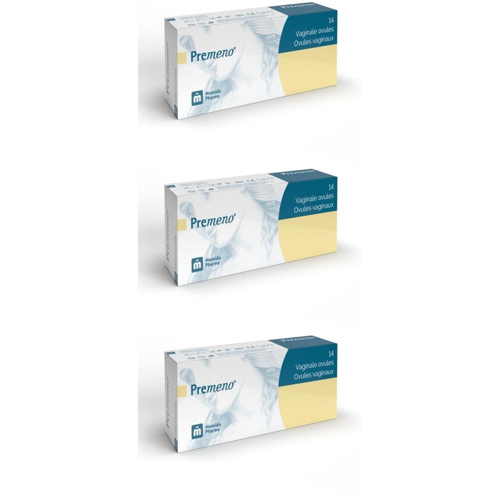 Drie dozen met de productnaam Premeno. Blauwe en gele verpakking met tekst. Opschrift: Vaginale ovules.