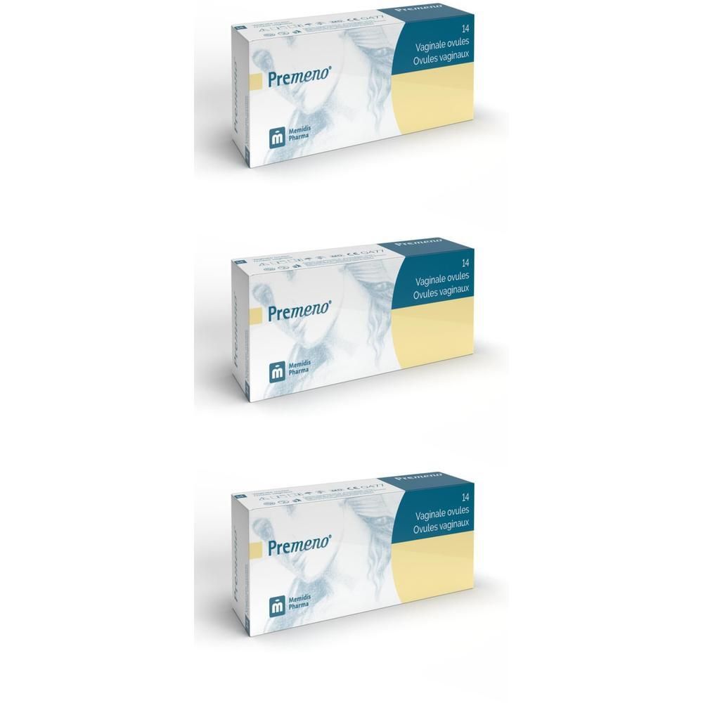 Trois boîtes avec impression du produit. Accents bleus et jaunes. Inscription : Premeno, 24 ovules vaginaux.