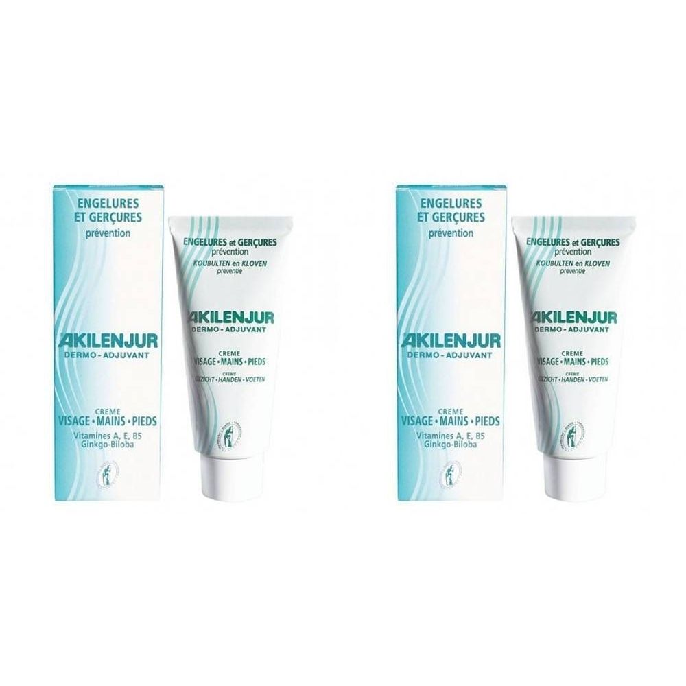Twee tubes en dozen. Opschrift: Akilenjur, Crème, Engelures et Gerçures, Visage-Mains-Pieds.