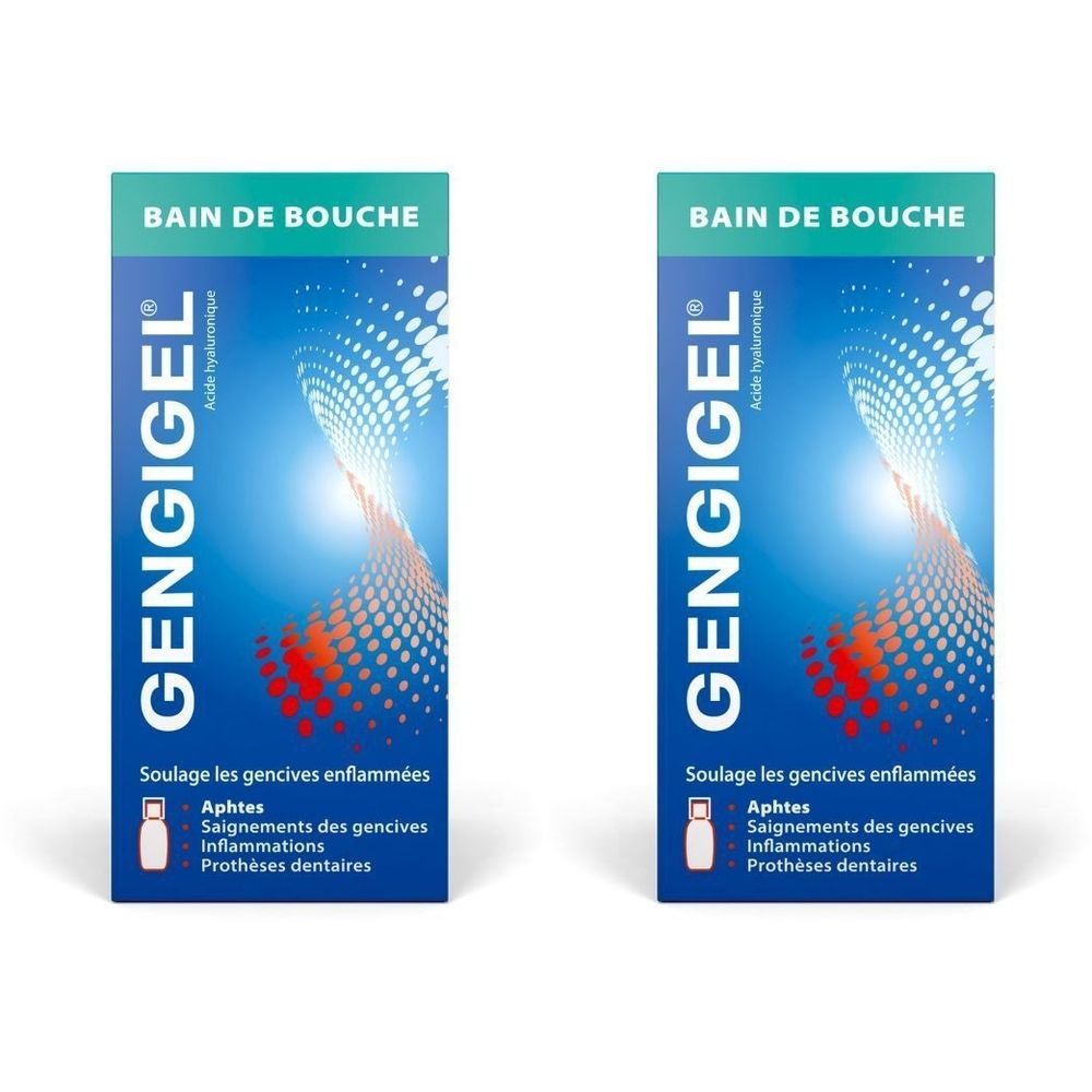 Deux boîtes bleues avec design blanc et rouge. En haut, "BAIN DE BOUCHE". À gauche, "Gengigel".