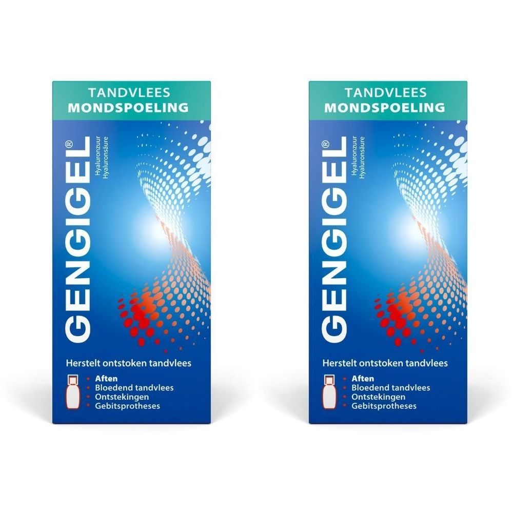 Twee blauwe verpakkingen met wit en rood design. Boven: "TANDVLEES MONDSPOELING". Links: "Gengigel". 