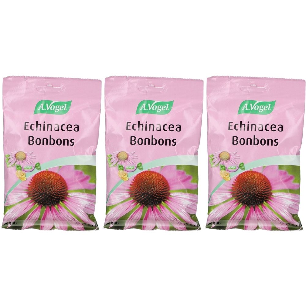 Trois sachets roses. Inscription: A.Vogel Echinacea Bonbons. Illustration d'une fleur.