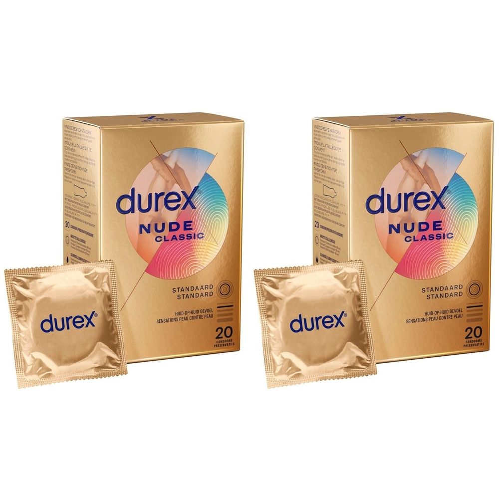 Twee dozen Durex Nude Classic condooms, elk 20 stuks. Twee individuele condooms in folie. Gouden verpakking met logo.