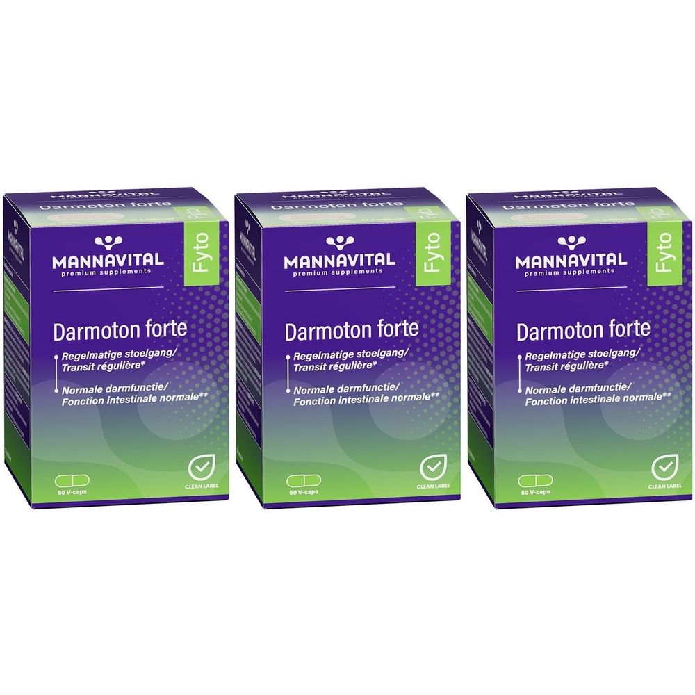 Drie dozen Mannavital Fyto Darmoton forte. Paars-groene verpakking. Tekst: Darmoton forte, normale darmfunctie, regelmatige stoelgang.