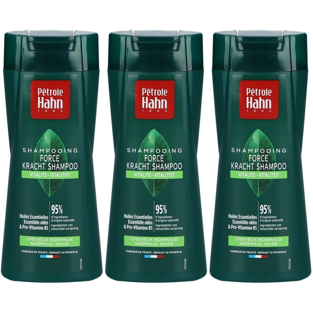 Drie groene shampoo flessen. Elke fles heeft "Pétrole Hahn" en "Shampooing Force". Tekst in het Frans en Nederlands.