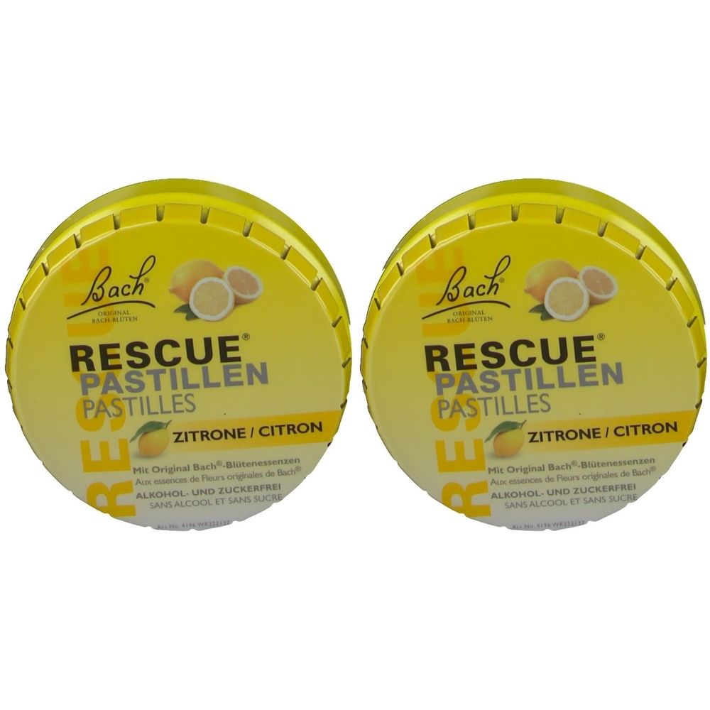 Twee gele, ronde metalen blikjes. Opschrift: Bach Rescue Pastilles Citroen. Zonder suiker en alcohol.