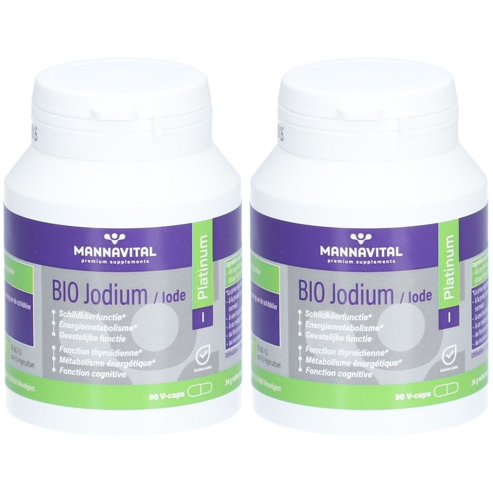 Deux flacons blancs avec des étiquettes violettes et vertes. On peut lire "MANNAVITAL BIO Jodium/Iode Platinum" sur les étiquettes.