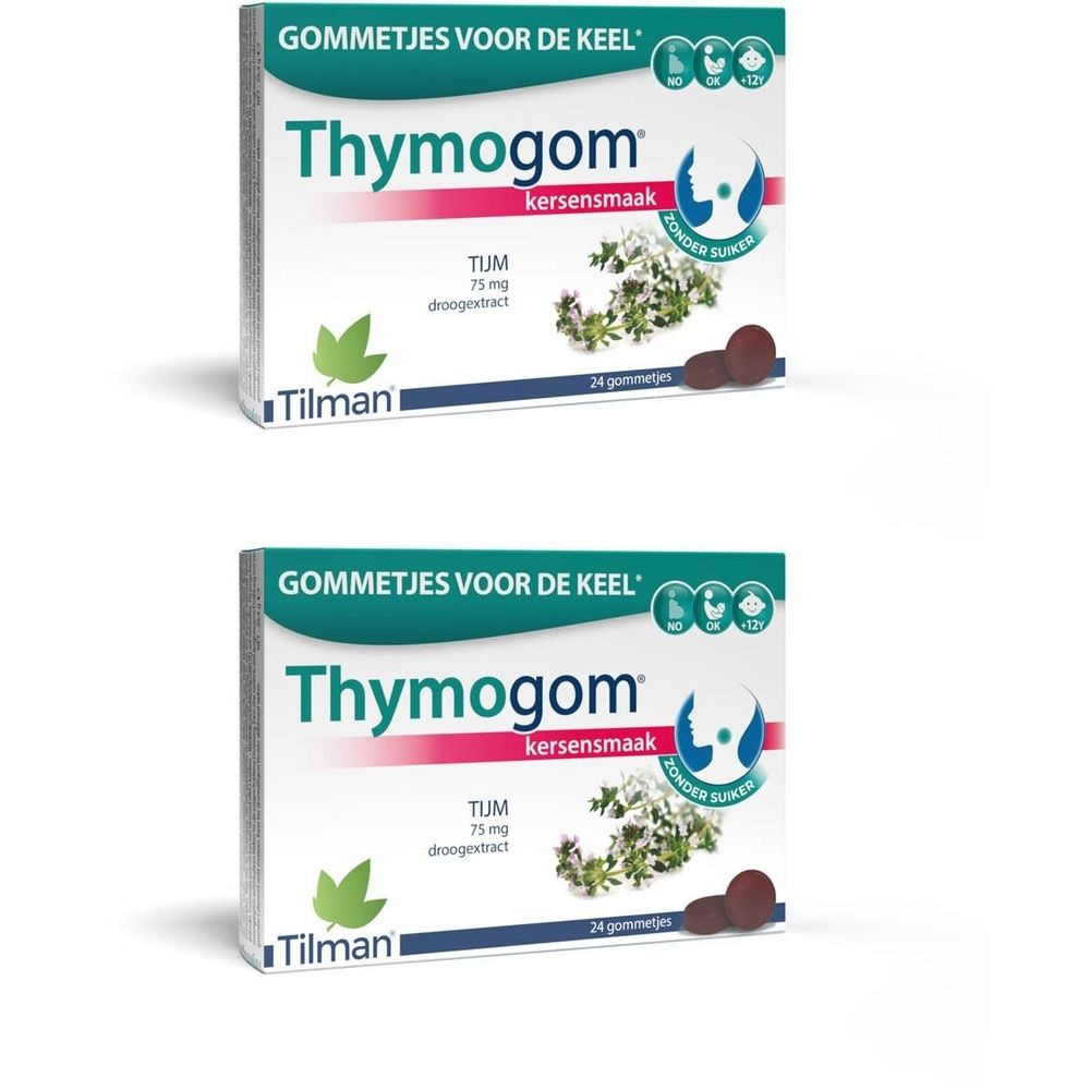 Twee dozen Thymogom, kersensmaak, 24 gummies. Merk Tilman. Opschrift: Gommetjes voor de keel.
