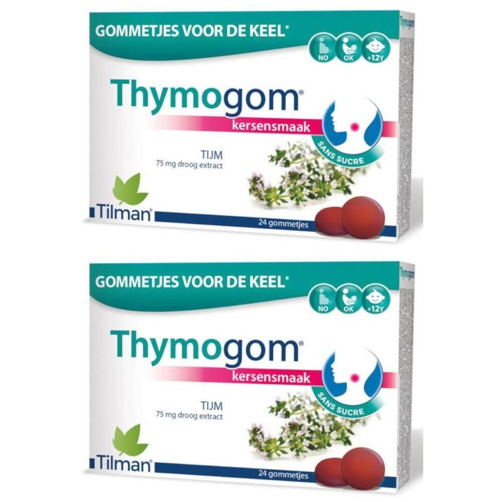 Twee dozen Thymogom, kersensmaak. Witte dozen met productnaam, logo en 24 pastilles. Opschriften: TUM, 75 mg droogextract.