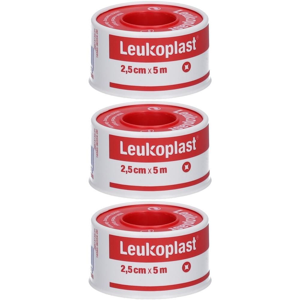 Trois rouleaux de Leukoplast® 2,5 cm x 5 m. Rouleaux blancs avec texte rouge et cœur rouge.