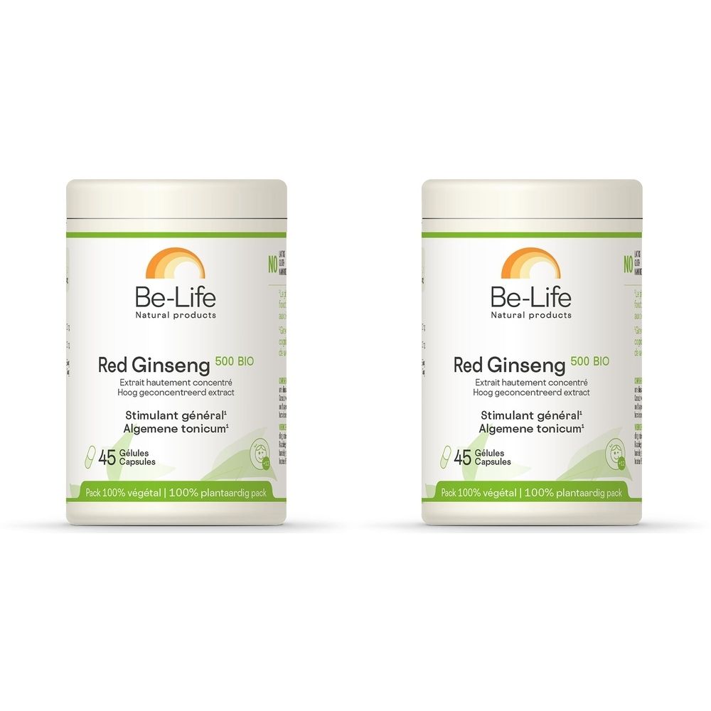 Twee witte potten "Be-Life Red Ginseng 500 BIO". Bevat 45 capsules. Opschrift: "Stimulant général".