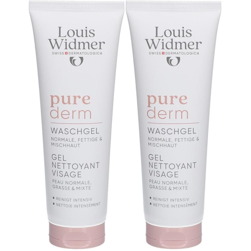 Deux tubes de gel nettoyant visage Louis Widmer Purederm. Blanc, bouchon rose. Texte: pure derm, Waschgel, Gel nettoyant visage.