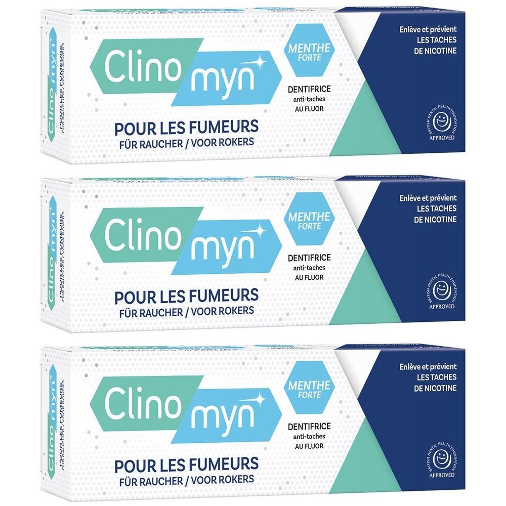 Trois boîtes de dentifrice Clinomyn pour fumeurs. Menthe forte, anti-taches, au fluor. Enlève et prévient les taches de nicotine.