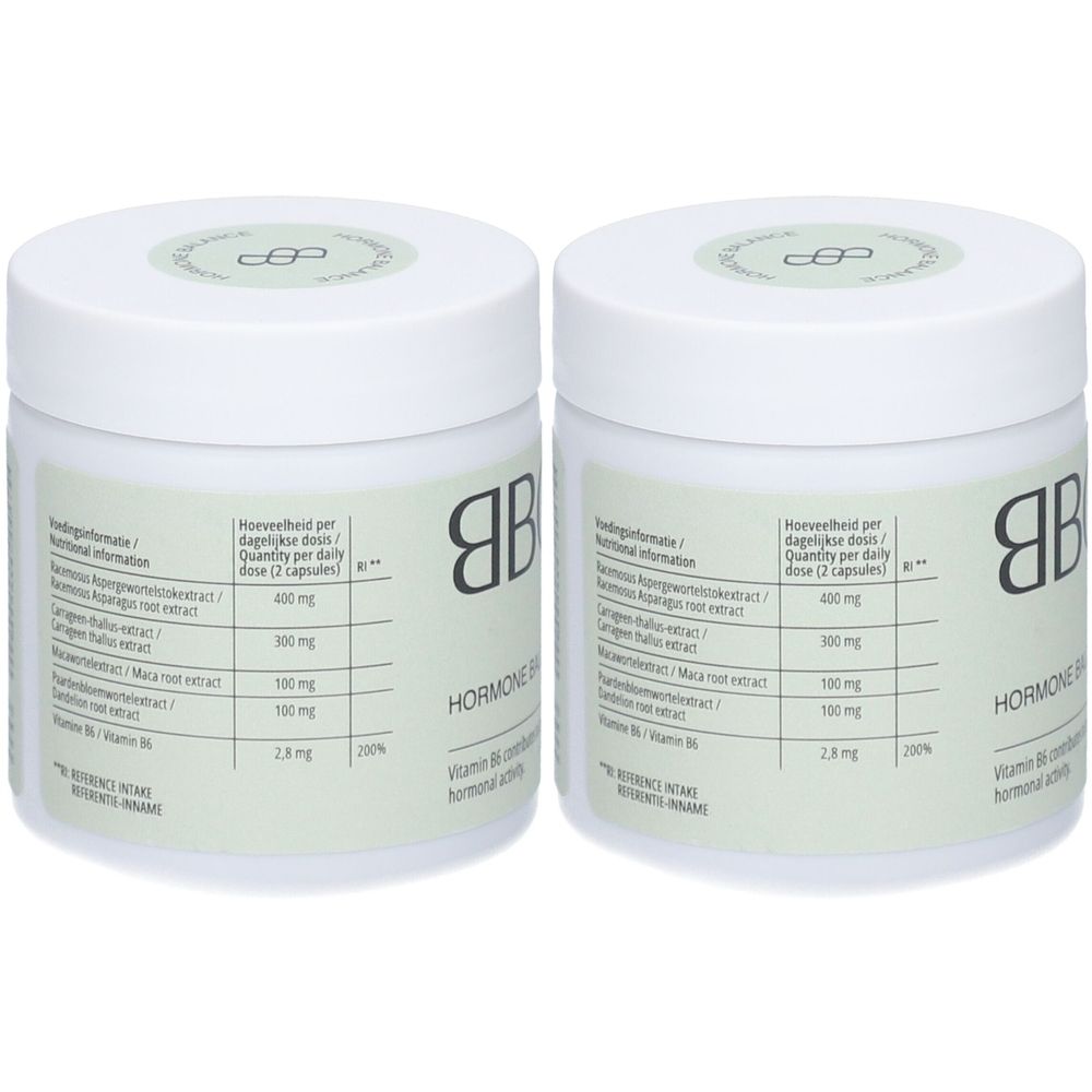 Twee witte potten met groene deksels. Opschrift: BBODY Hormonhaushalt. Voedingswaardetabel.