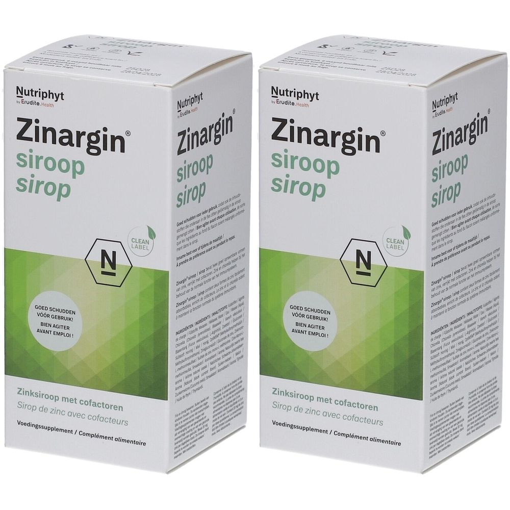 Deux boîtes de Nutriphyt Zinargin Sirop. Emballage blanc avec des accents verts et des informations sur le produit. Le Clean Label est visible.