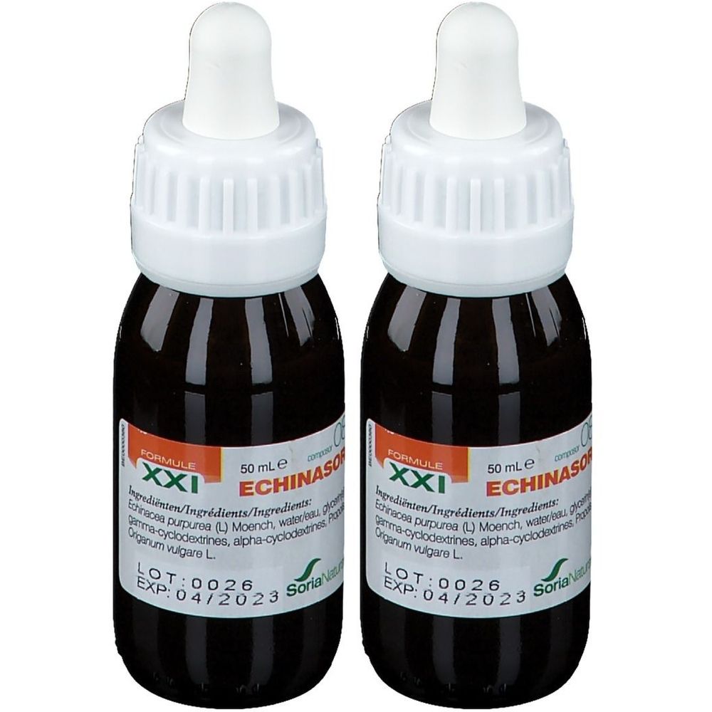 Twee flessen bruine vloeistof met witte druppelaars. Opschrift: ECHINASOR XXI, 50 ml, ingrediënten, LOT 0026, EXP 04/2023. Soria Natural logo.