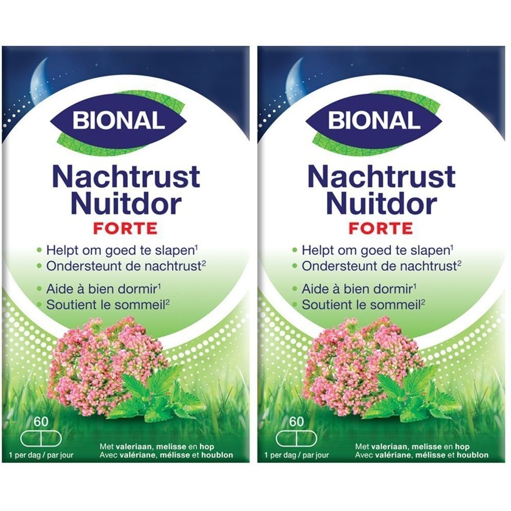 Twee verpakkingen Bional Nachtrust Nuitdor Forte. Opschrift: Helpt bij het slapen. Bevat 60 tabletten.