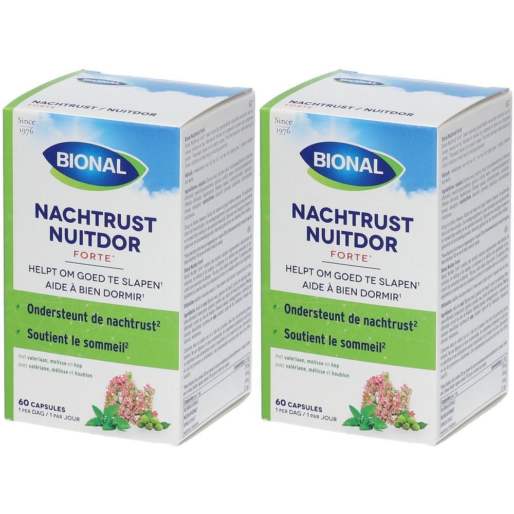 Deux boîtes Bional Nachtrust Nuitdor Forte. Emballage vert et blanc avec nom du produit et illustration florale.