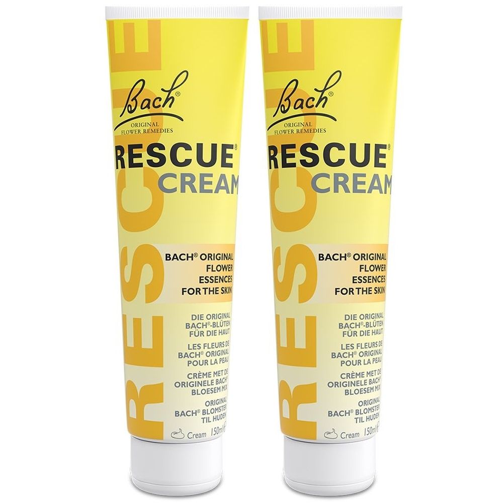 Deux tubes jaunes de crème "Bach Rescue". Inscriptions multilingues. Bouchon blanc. Produit pour la peau.