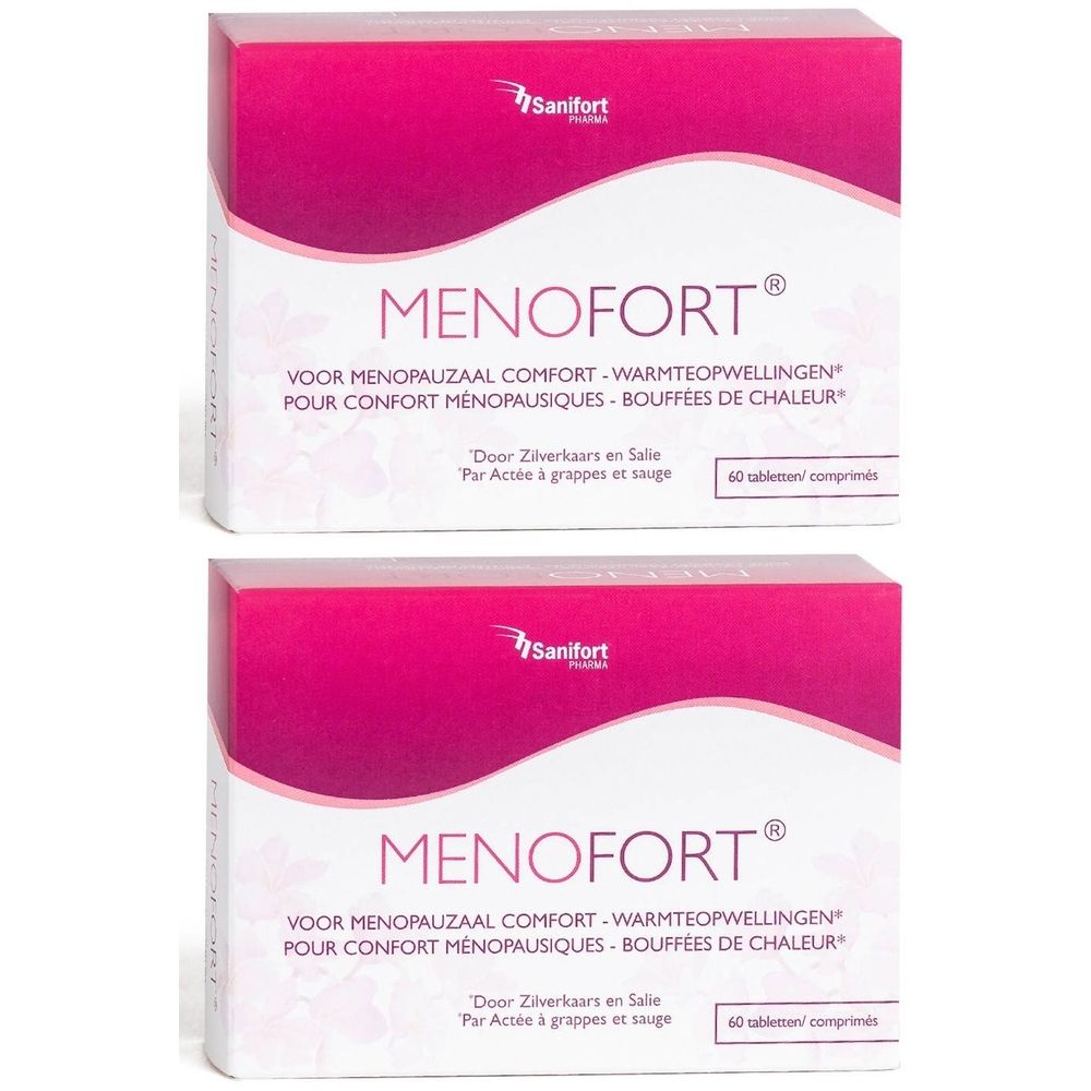 Deux boîtes de Menofort. Emballage rose et blanc avec nom et logo du produit. Contient 60 comprimés.