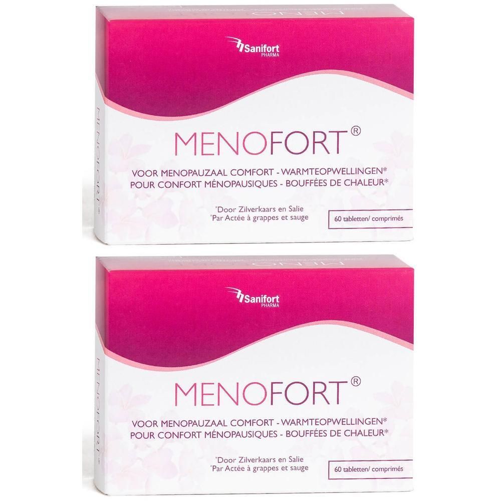 Deux boîtes de MENOFORT®. Boîtes blanches et roses avec nom et texte du produit. 60 comprimés par boîte.