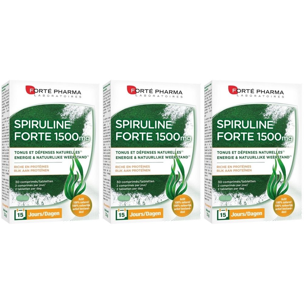 Drie dozen Spiruline Forte 1500mg. Opschrift: Forte Pharma, Tonus et Défenses Naturelles, 30 tabletten, 15 dagen.