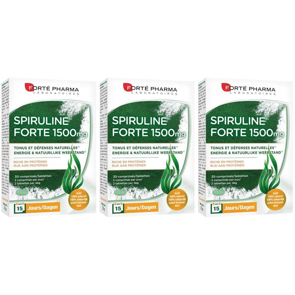 Drie dozen Forté Pharma Spirulina 1500 mg. Witte verpakking met groene tekst en logo. Bevat 30 tabletten.