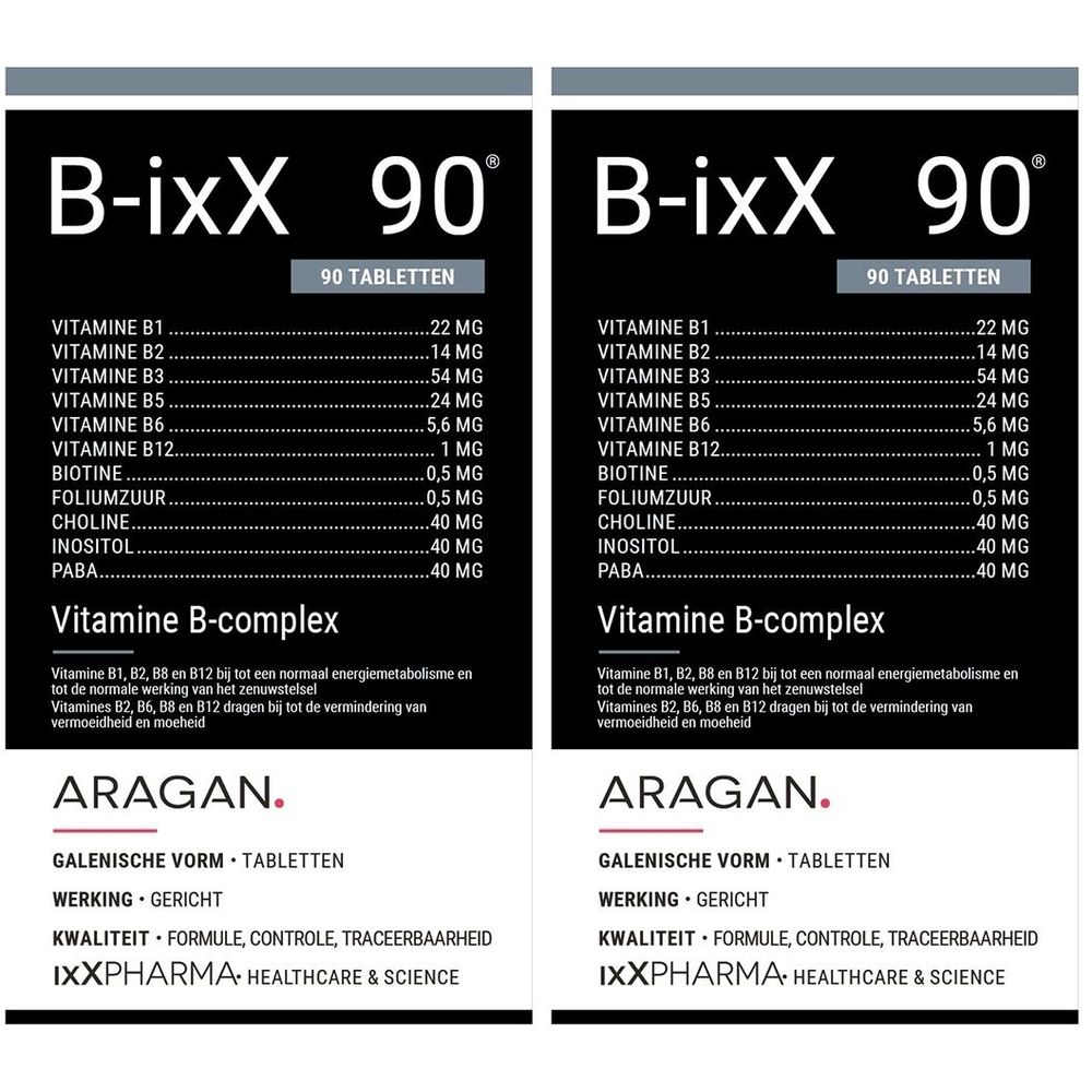 Verpakking van B-ixX, 90 tabletten. Bevat vitamine B. Tekst: ARAGAN, IXXPHARMA, Healthcare & Science.