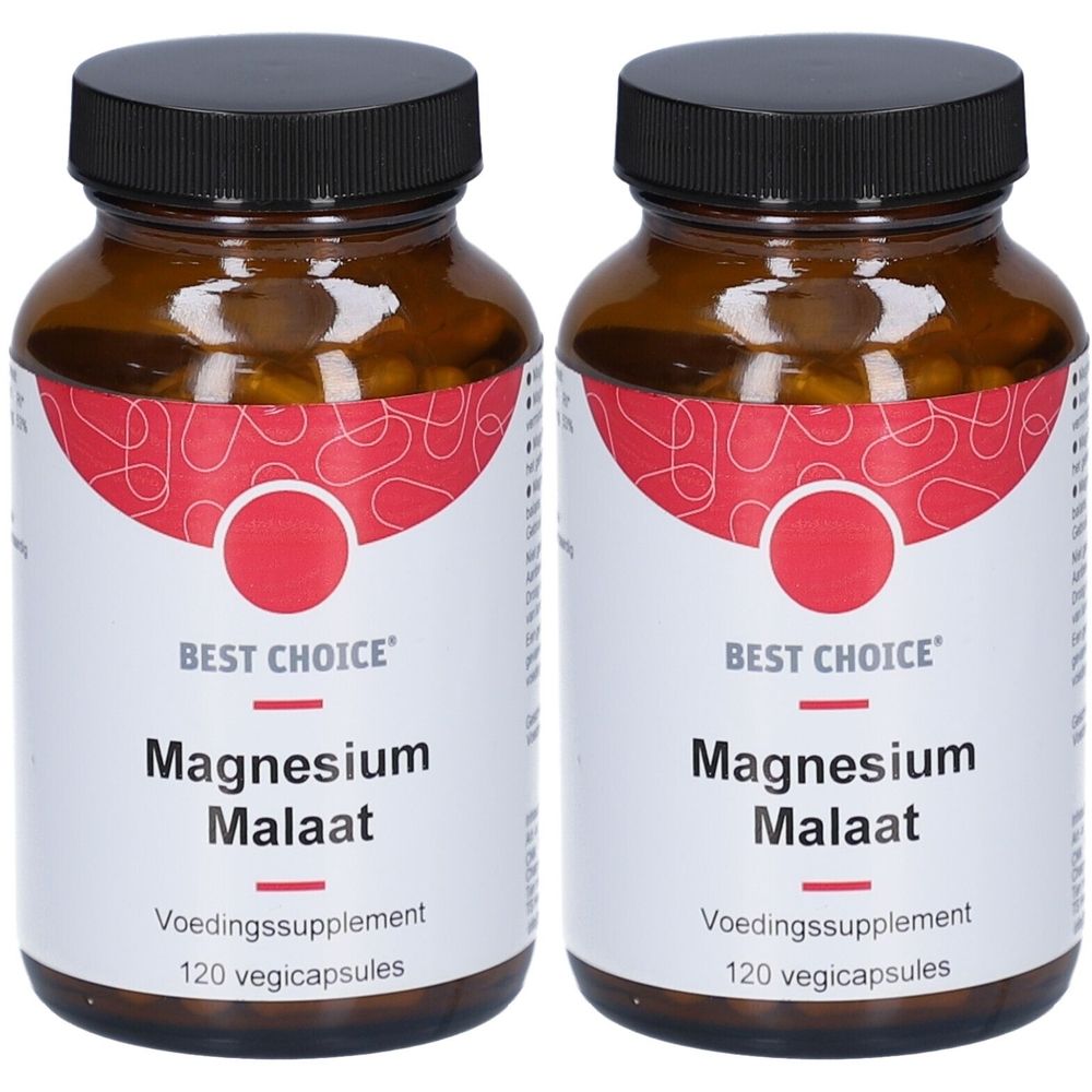 Twee bruine flessen met zwarte doppen. De etiketten tonen "BEST CHOICE Magnesium Malaat". 