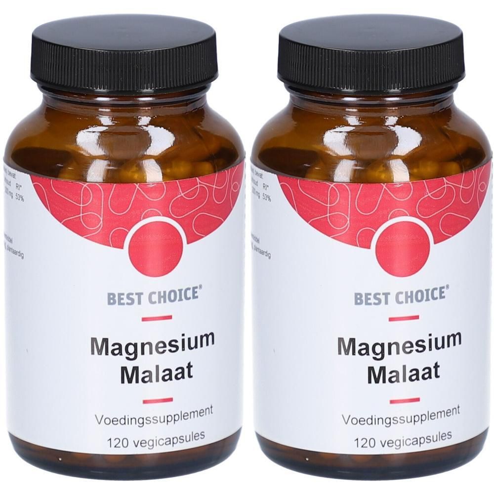 Deux flacons en verre brun avec bouchons noirs. Étiquette avec design rouge et texte: Best Choice Magnesium Malaat.