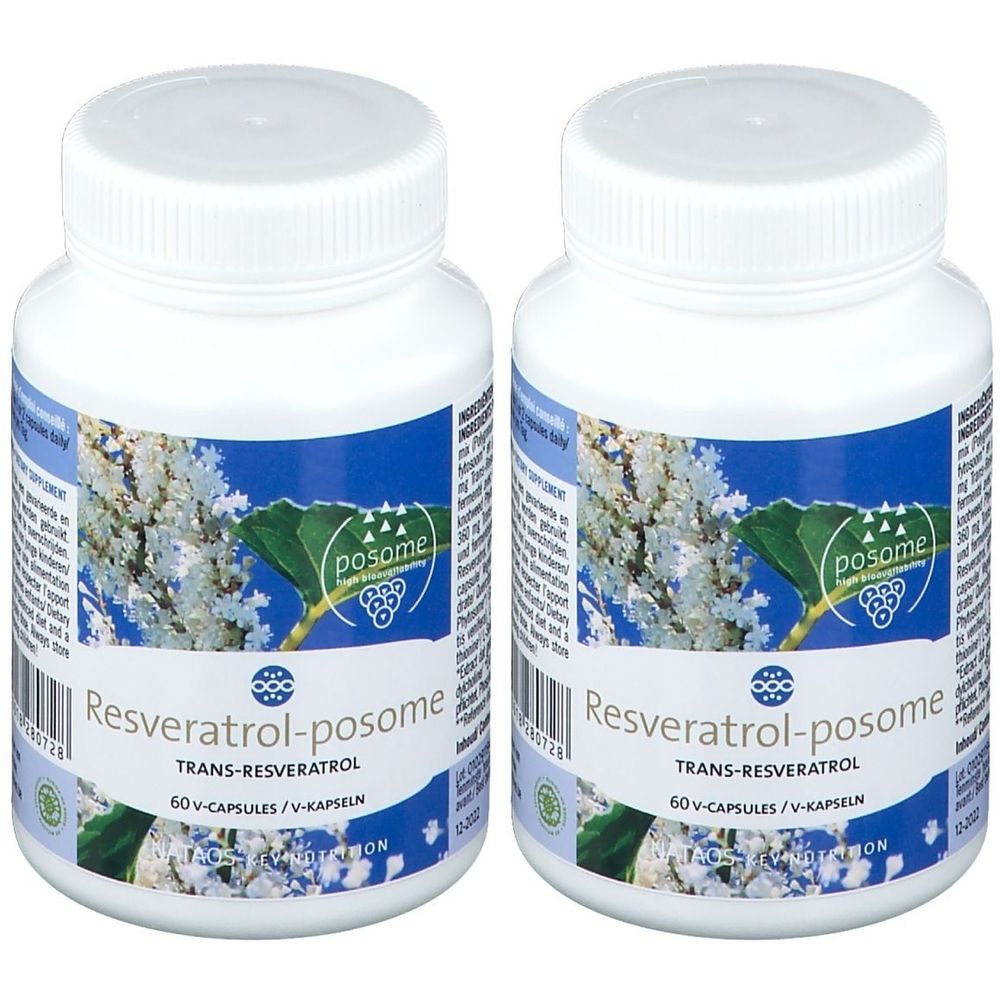 Twee witte flessen met schroefdop. Opschrift: Resveratrol-posome, TRANS-RESVERATROL, 60 capsules. Etiket met bloemmotief en logo.