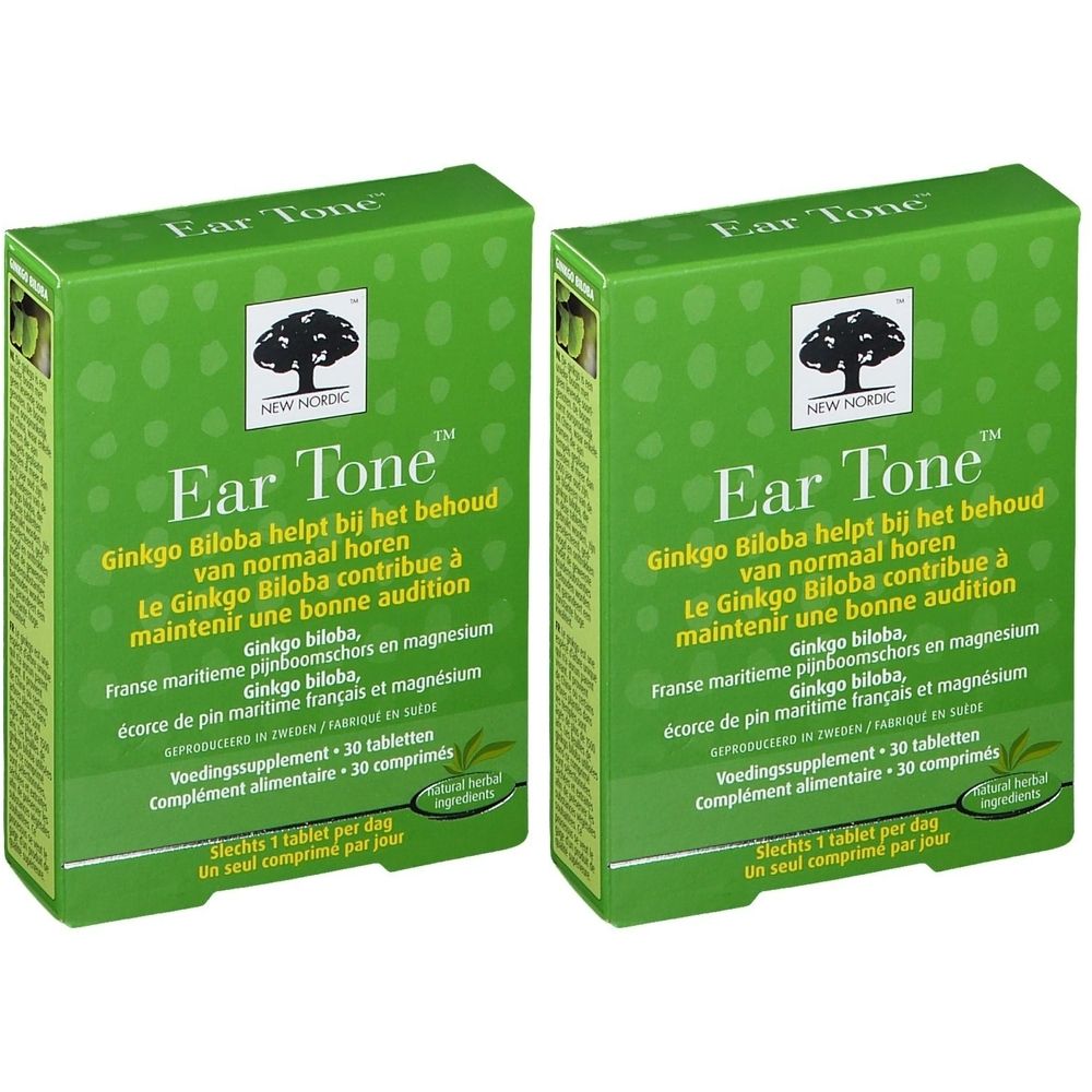 Twee groene dozen met "Ear Tone". Elke doos toont "New Nordic" en informatie over ingrediënten.