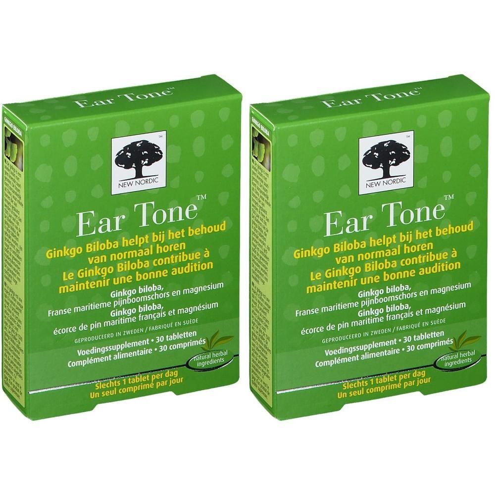 Twee groene dozen met "Ear Tone" logo en tekst. Bevat 30 tabletten. "NEW NORDIC" logo.