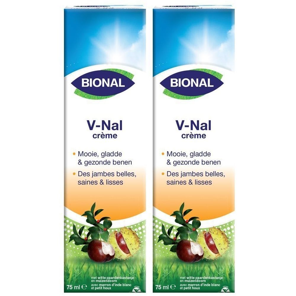 Deux tubes de crème Bional V-Nal. Inscription : V-Nal crème, Mooie, gladde & gezonde benen, Des jambes belles, saines & lisses. Avec marron d'Inde.